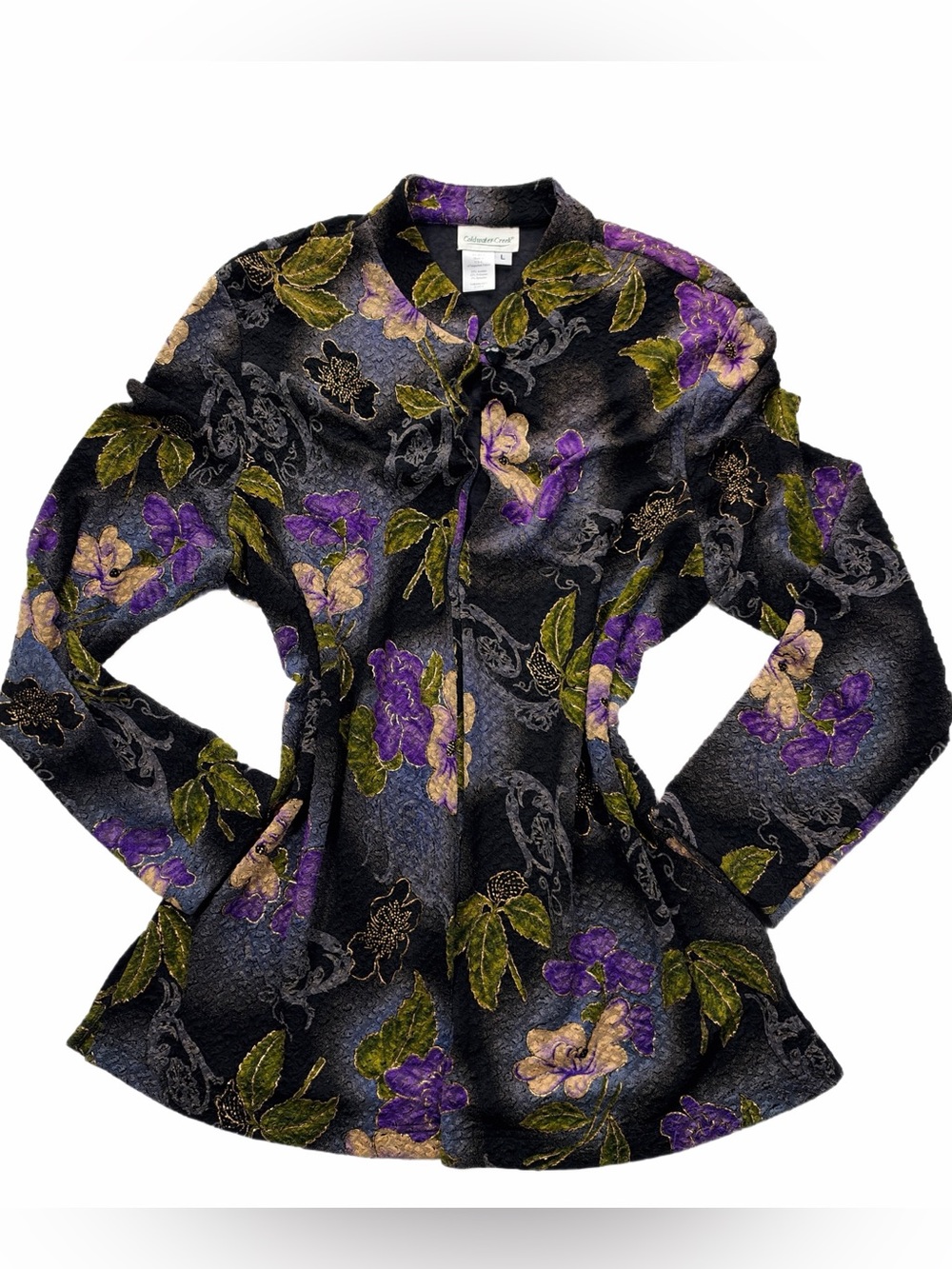 90s Coldwater Creek Black Button-Down Blouse with Purple & Olive Floral Print